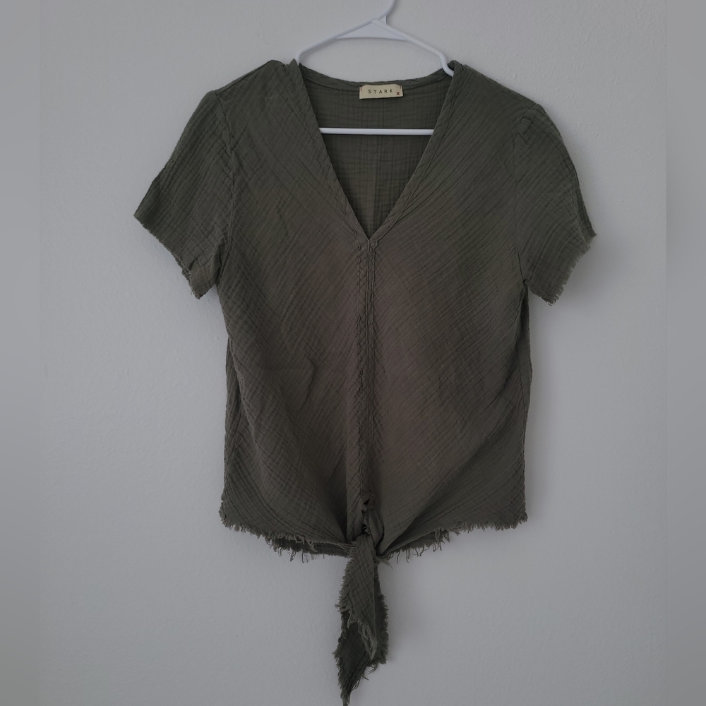 Stark X Anthropologie Elegant Olive V-Neck Tie-Front Top 100% Cotton Size S
